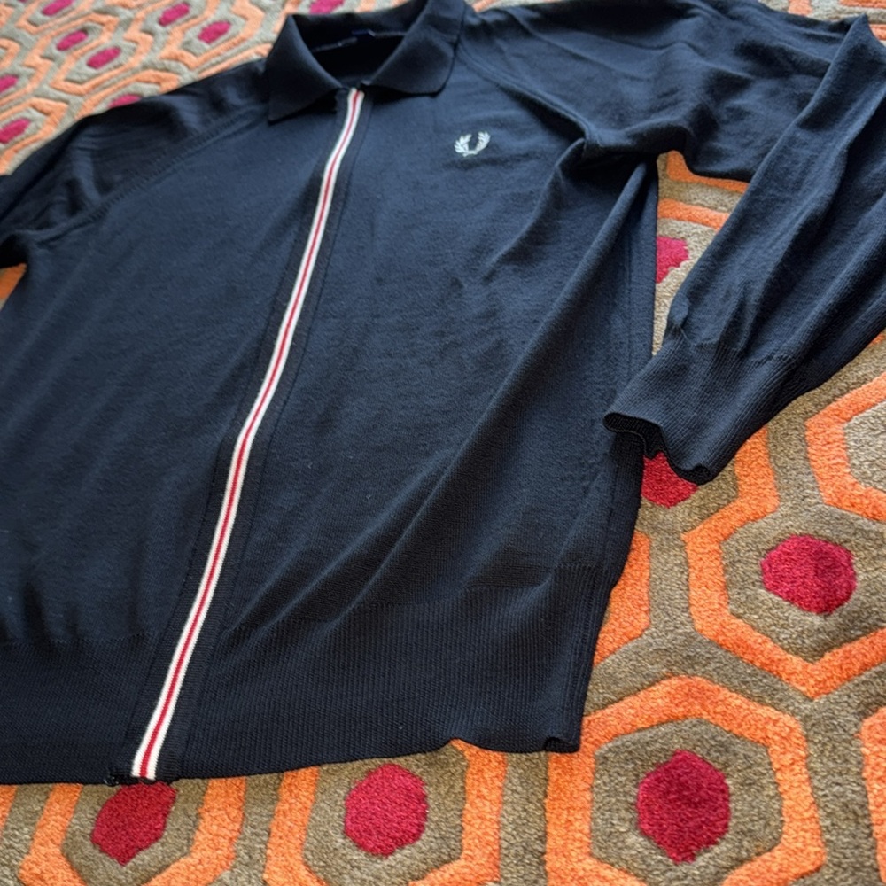 Fred Perry Black Zip Up Sweater with Ribbed Cuffs Men's Medium